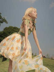 Sunflowers Print Bubble Skirt Summer Dress