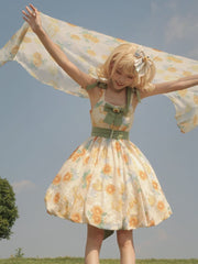 Sunflowers Print Bubble Skirt Summer Dress