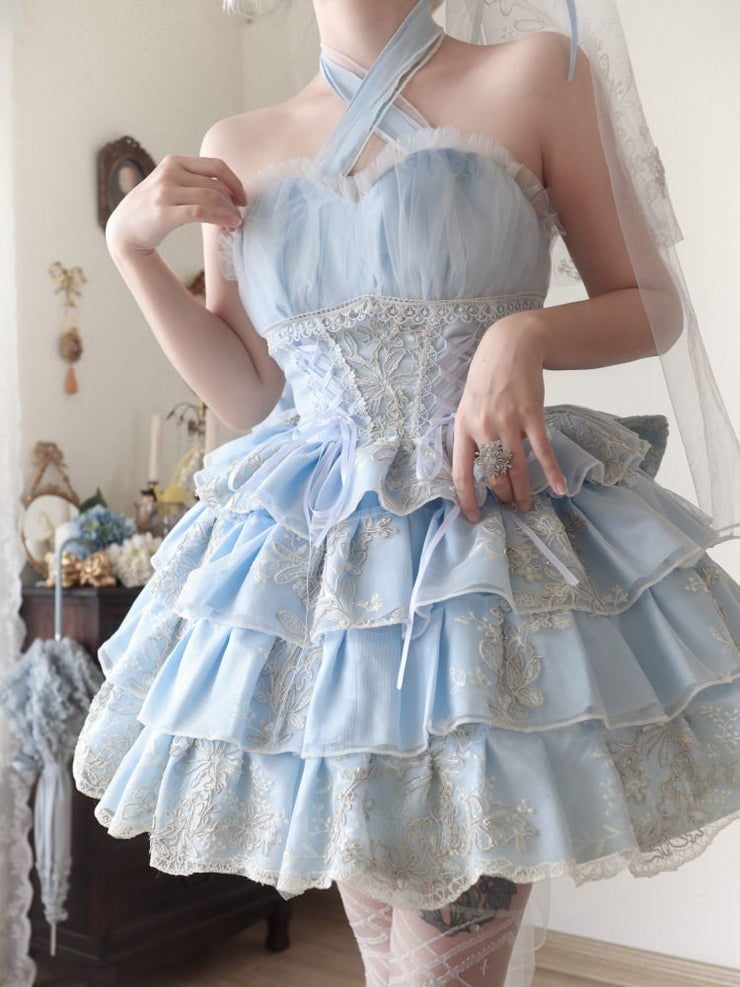 Plus Size Friendly Blue Tiered Ruffle Skirt Hime Jumper Skirt