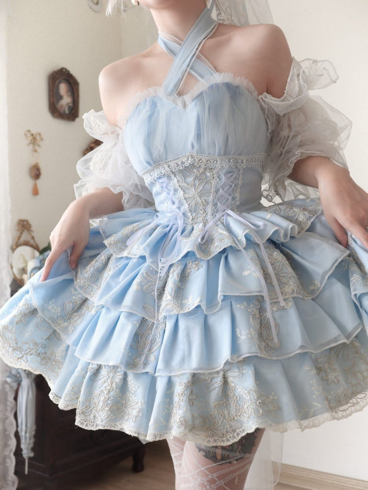 Plus Size Friendly Blue Tiered Ruffle Skirt Hime Jumper Skirt