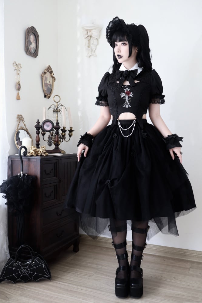 Black Gothic Rose Cross Embroidery Top + Skirt Set