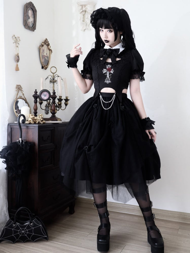 Black Gothic Rose Cross Embroidery Top + Skirt Set