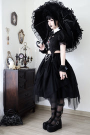 Black Gothic Rose Cross Embroidery Top + Skirt Set