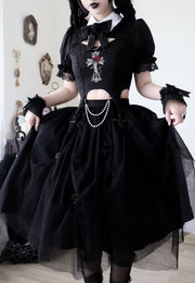 Black Gothic Rose Cross Embroidery Top + Skirt Set