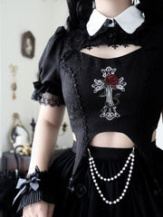 Black Gothic Rose Cross Embroidery Top + Skirt Set