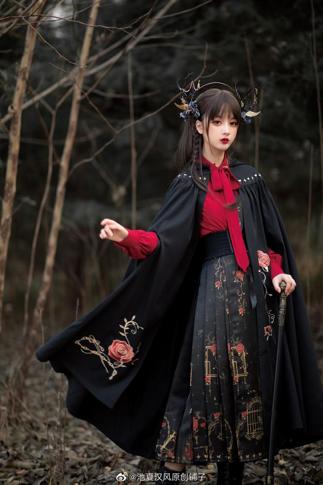 Roses Embroidery Hooded Cloak / Cloak Shirt Skirt Full Set