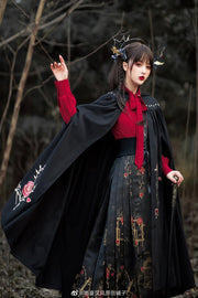 Roses Embroidery Hooded Cloak / Cloak Shirt Skirt Full Set