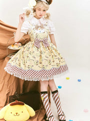 Yellow Pom Pom Purin Print Sweet Lolita Jumper Skirt with Free Bag and Socks