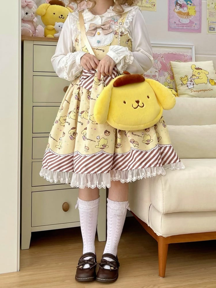 Yellow Pom Pom Purin Print Sweet Lolita Jumper Skirt with Free Bag and Socks