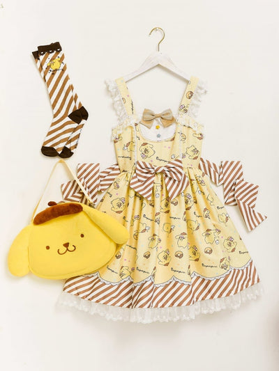 Yellow Pom Pom Purin Print Sweet Lolita Jumper Skirt with Free Bag and Socks