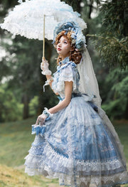 In Stock Key to the Fairyland Hime Lolita Dress Blue Flowy Short Lace Sleeves Lolita Dress Full Set