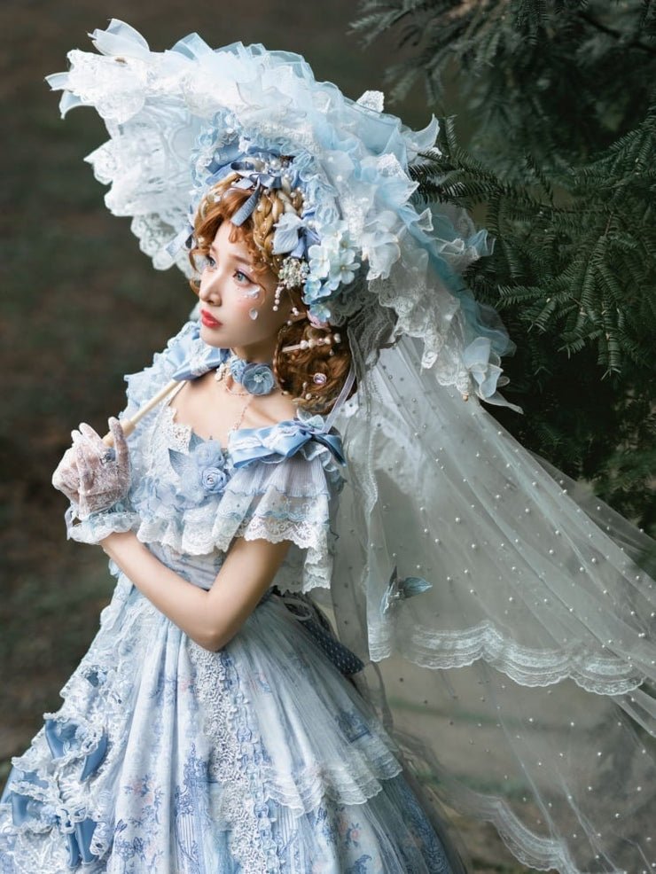 In Stock Key to the Fairyland Hime Lolita Dress Blue Flowy Short Lace Sleeves Lolita Dress Full Set