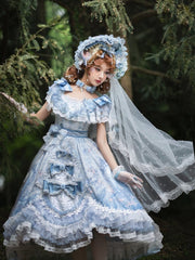 In Stock Key to the Fairyland Hime Lolita Dress Blue Flowy Short Lace Sleeves Lolita Dress Full Set