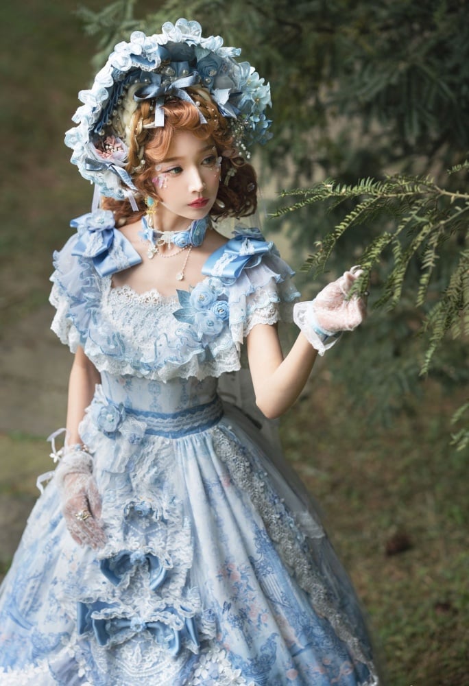 In Stock Key to the Fairyland Hime Lolita Dress Blue Flowy Short Lace Sleeves Lolita Dress Full Set