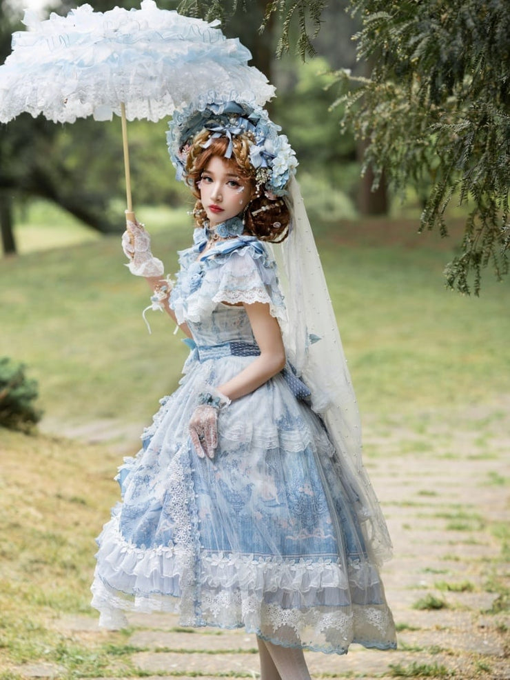 In Stock Key to the Fairyland Hime Lolita Dress Blue Flowy Short Lace Sleeves Lolita Dress Full Set