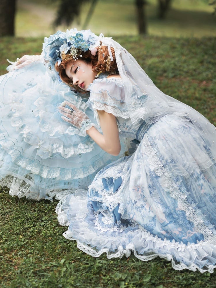 In Stock Key to the Fairyland Hime Lolita Dress Blue Flowy Short Lace Sleeves Lolita Dress Full Set