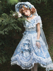 In Stock Key to the Fairyland Hime Lolita Dress Blue Flowy Short Lace Sleeves Lolita Dress Full Set