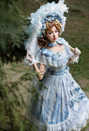 In Stock Key to the Fairyland Hime Lolita Dress Blue Flowy Short Lace Sleeves Lolita Dress Full Set