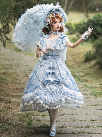 In Stock Key to the Fairyland Hime Lolita Dress Blue Flowy Short Lace Sleeves Lolita Dress Full Set