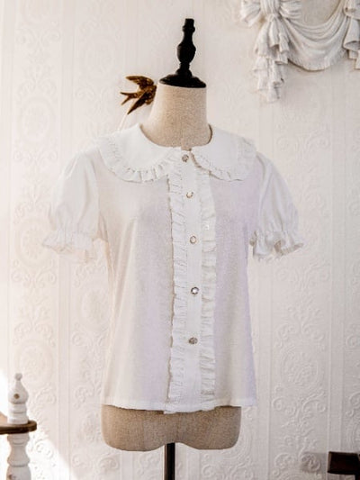 White Peter Pan Collar Short Puff Sleeves Blouse