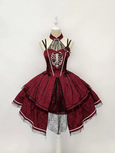 Wine Red Rose Ribs Embroidery Gothic Jumper Skirt/Jumper Skirt+Bolero Set