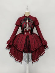 Wine Red Rose Ribs Embroidery Gothic Jumper Skirt/Jumper Skirt+Bolero Set