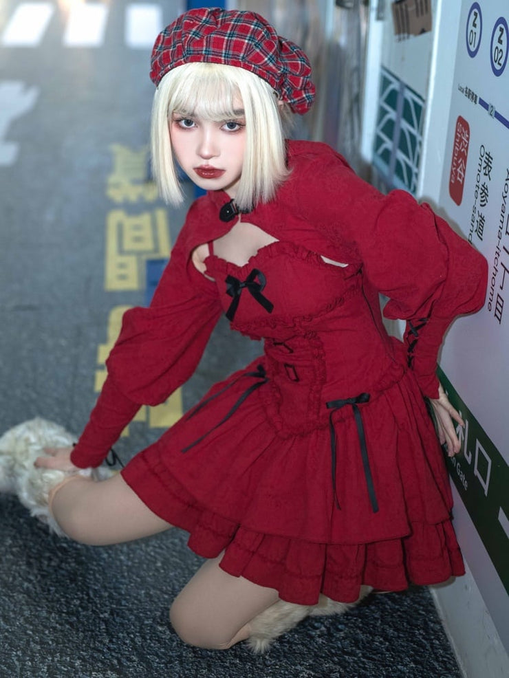 Little Red Ridding Hood Harajuku Fashion Red Short Jumper Skirt / Hunter JSK Bloomers Bolero Set