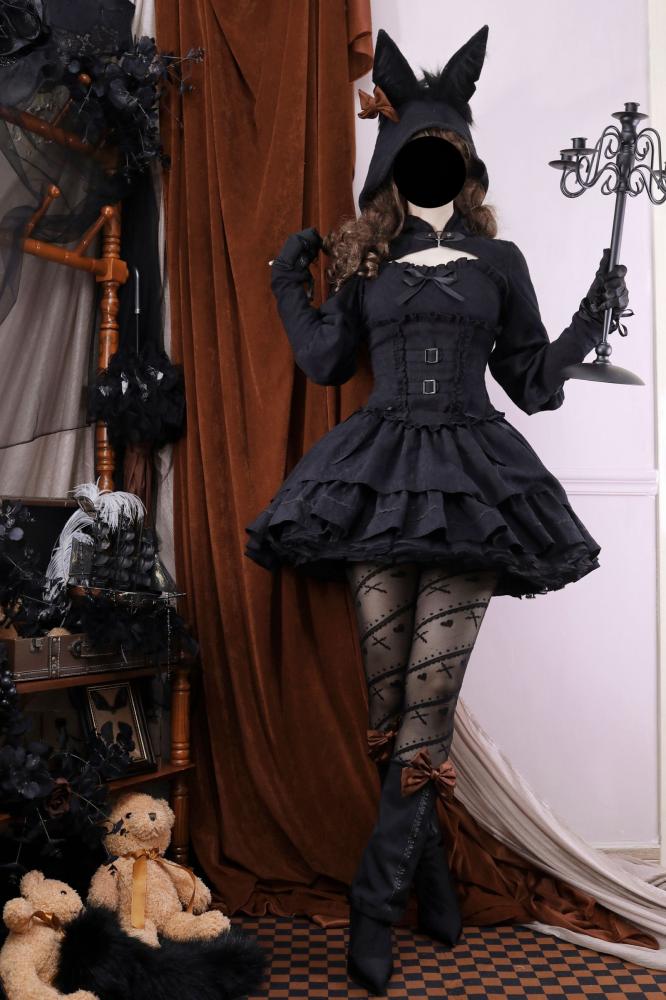 Black Hunter Sweetheart Neck Buckle Straps Basque Waist Tiered Flounce Skirt Jumper Skirt / JSK Bloomers Bolero Set