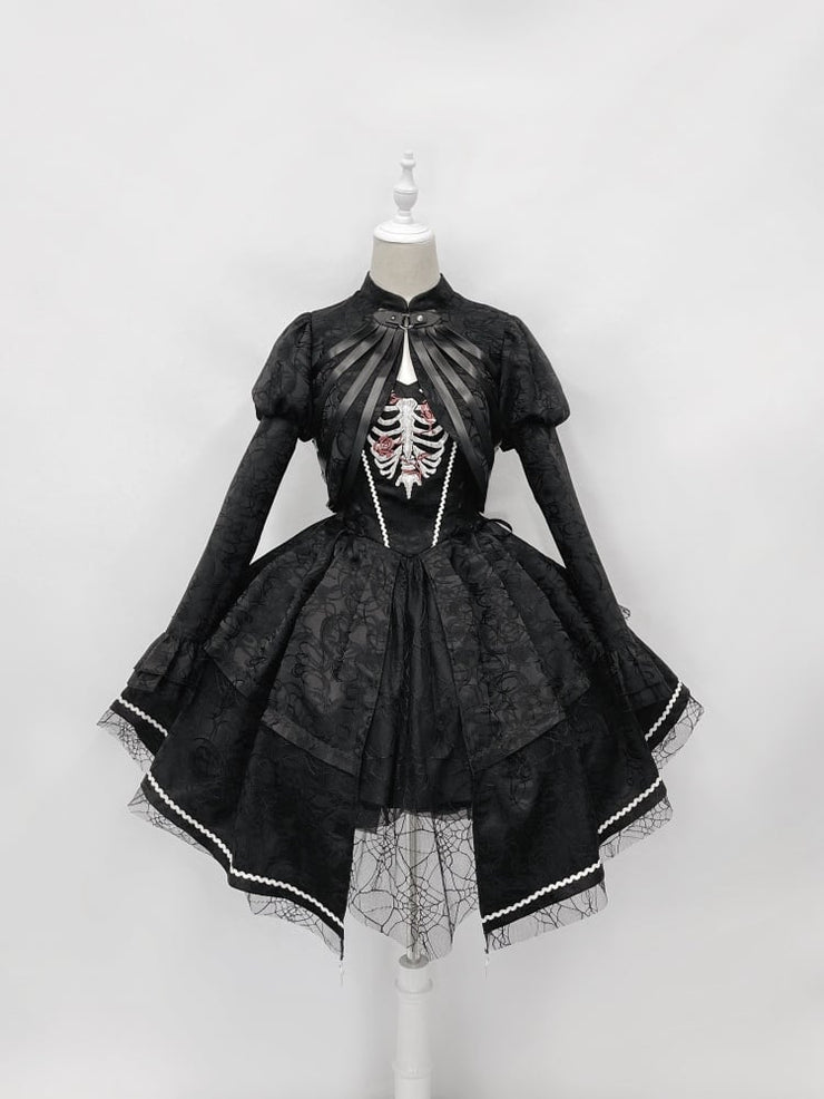 Black Rose Ribs Embroidery Gothic Jumper Skirt/Jumper Skirt+Bolero Set