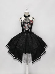 Black Rose Ribs Embroidery Gothic Jumper Skirt/Jumper Skirt+Bolero Set