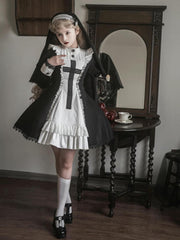 Lace Cross Pattern Ruffle Trim Design Long Sleeves Lolita OP