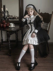 Lace Cross Pattern Ruffle Trim Design Long Sleeves Lolita OP