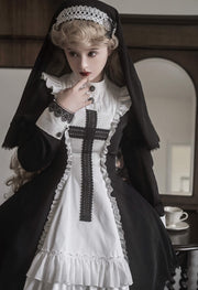 Lace Cross Pattern Ruffle Trim Design Long Sleeves Lolita OP