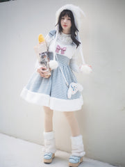 White and Blue Houndstooth Plaid and Plush Winter Lolita Dress