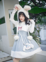 White and Blue Houndstooth Plaid and Plush Winter Lolita Dress