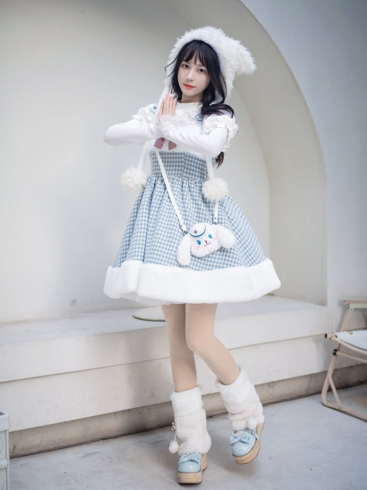 White and Blue Houndstooth Plaid and Plush Winter Lolita Dress