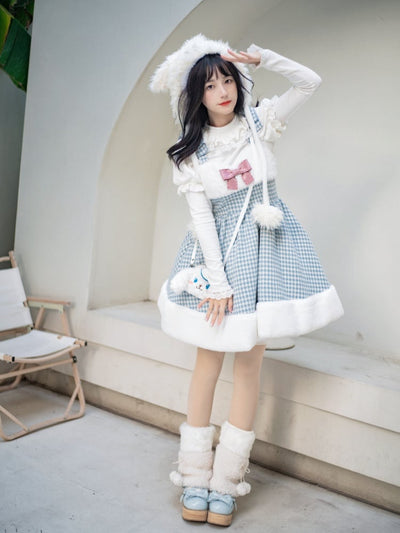 White and Blue Houndstooth Plaid and Plush Winter Lolita Dress