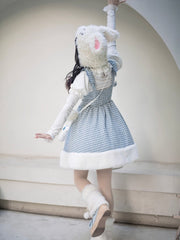 White and Blue Houndstooth Plaid and Plush Winter Lolita Dress