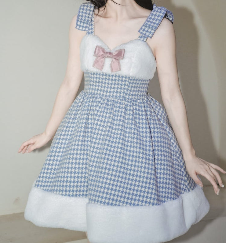 White and Blue Houndstooth Plaid and Plush Winter Lolita Dress