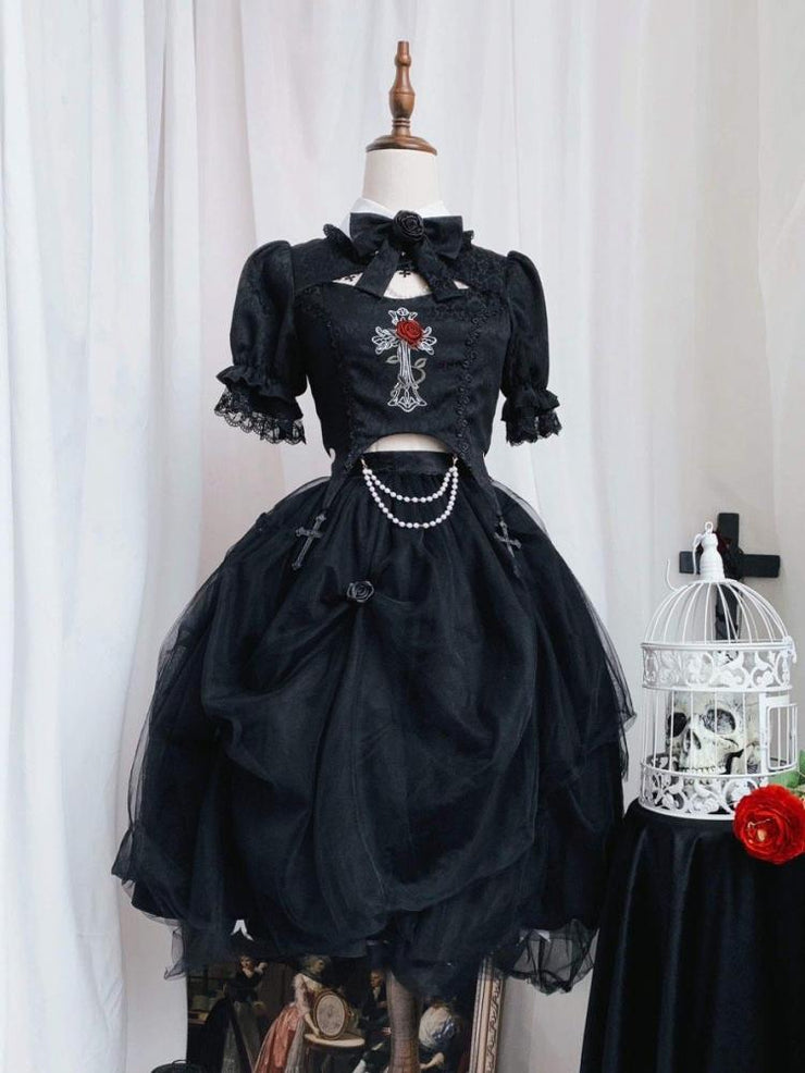 Black Gothic Rose Cross Embroidery Top + Skirt Set