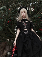 Black Gothic Rose Cross Embroidery Top + Skirt Set