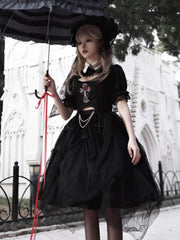 Black Gothic Rose Cross Embroidery Top + Skirt Set