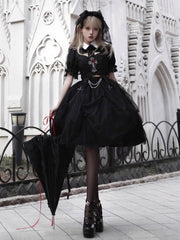 Black Gothic Rose Cross Embroidery Top + Skirt Set