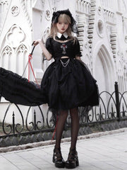 Black Gothic Rose Cross Embroidery Top + Skirt Set