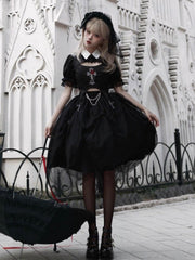 Black Gothic Rose Cross Embroidery Top + Skirt Set