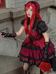 Red and Black Gothic Corset Waist Tiered Skirt Lolita Jumper Skirt Full Set