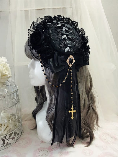 Handmade Elegant Gothic Cross Bowknot Mini Flat Hat with Hairclip