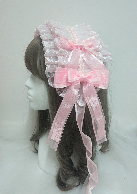 Handmade Sweet Lolita Pink Double Layer Lace Bowknot Hairbnd