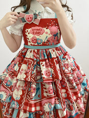 Sweet Red Cherry and Bear Print High Waist Jumper Skirt