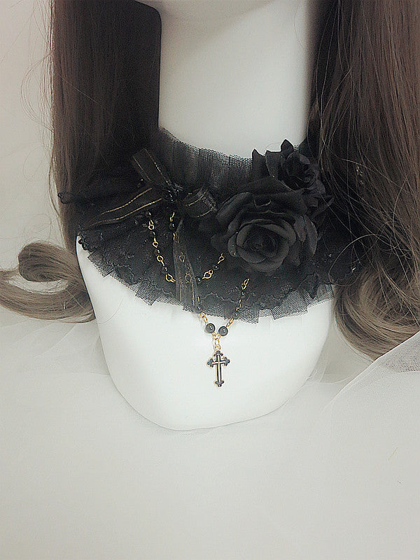 Handmade Gothic Gorgeous Lace Rose Cross Choker